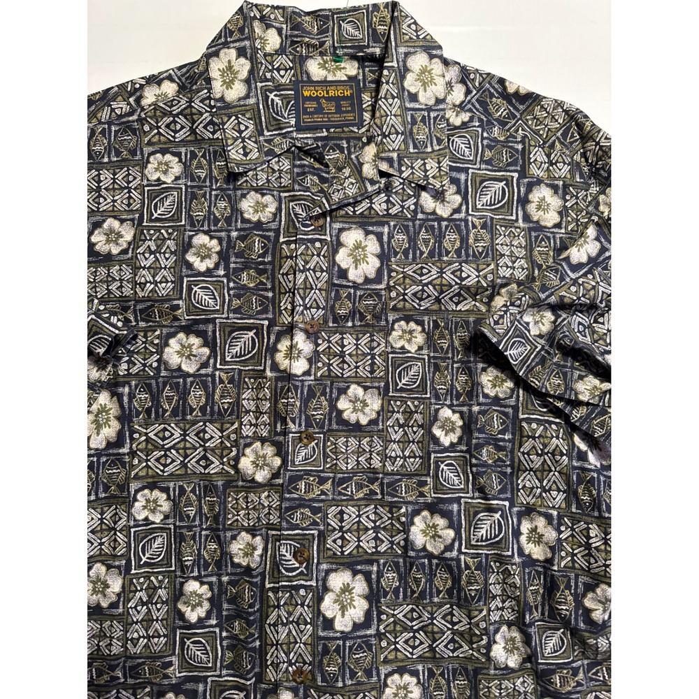 Woolrich John Rich‎ and Bros Mens Aloha Shirt Patchwork Floral Fish Navy  2XL